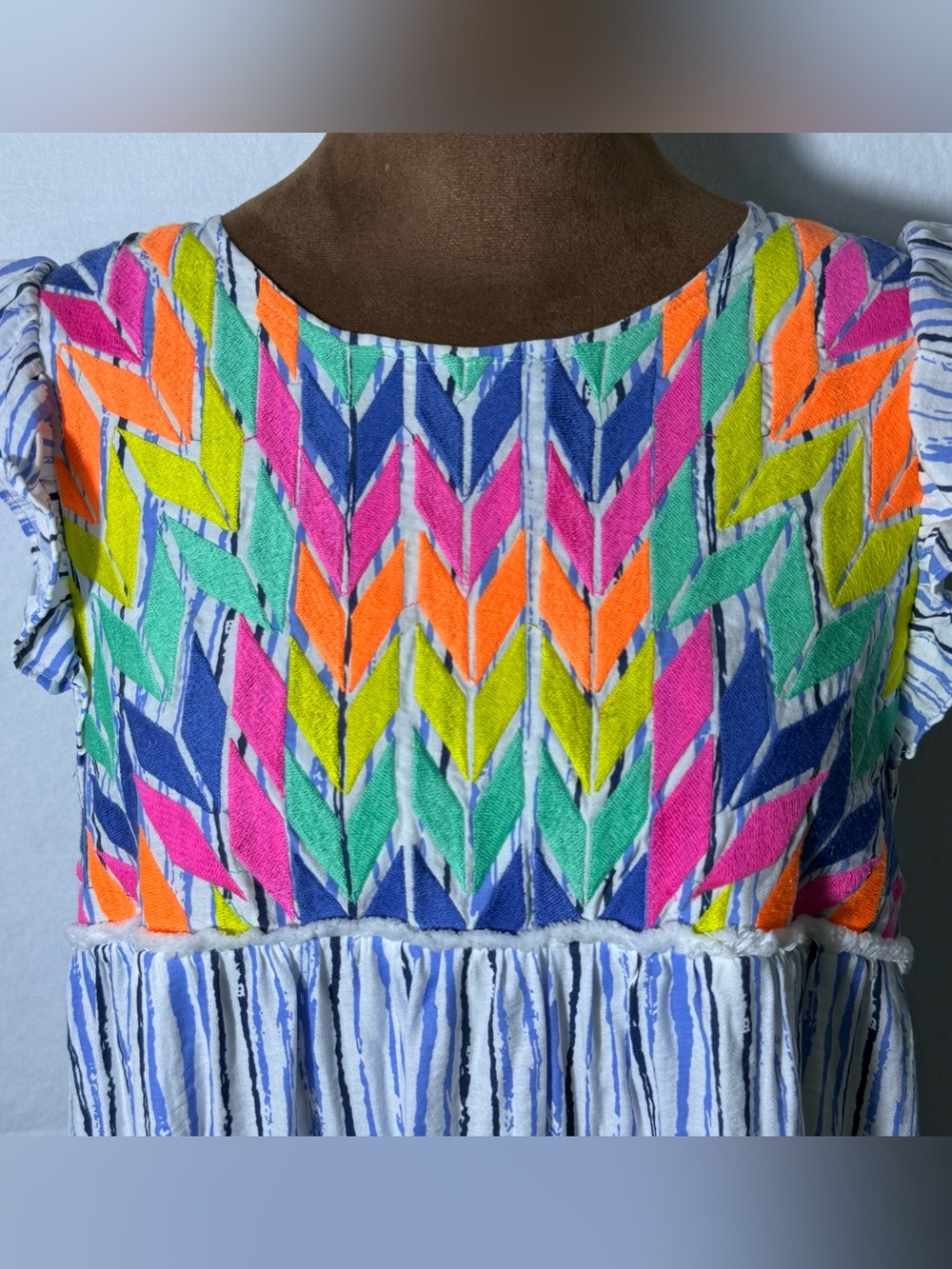 THML Embroidered Boho Dress Tassel Tie Neon Colorful Yoke Shift Small - Picture 4 of 13